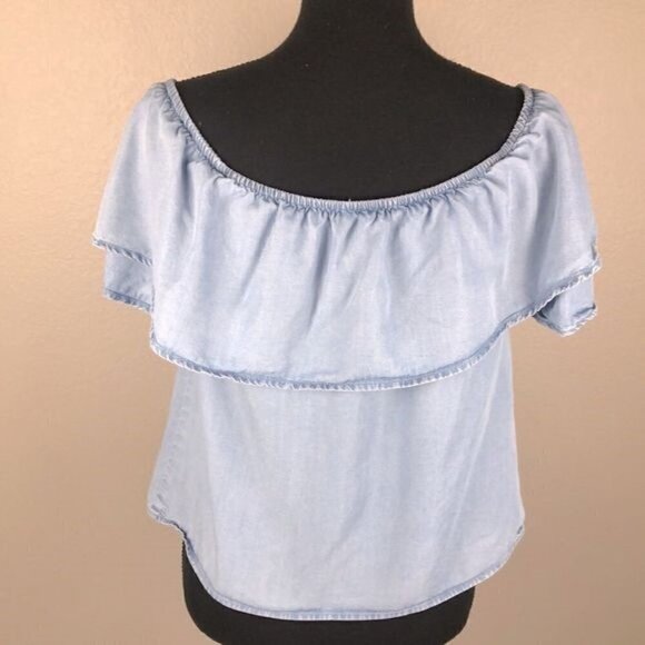 MNG Mango Blouse Off-the-shoulder Chambray Tiered Ruffle Short Sleeve Jean  XS - Picture 8 of 14